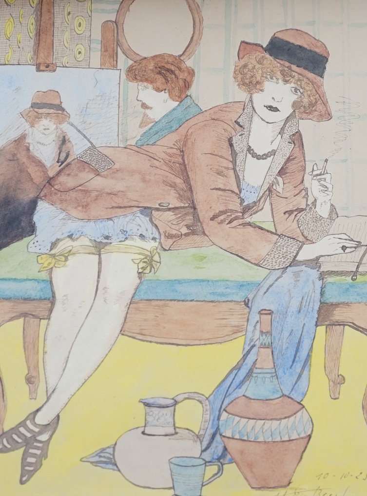 From the Studio of Fred Cuming. 20th century school, pair of watercolours, Art Deco ladies, each signed Beech?, dated ‘23, 28 x 22cm. Condition - fair